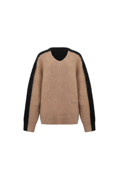 Brown V - neck Colorblock Mohair Sweater - ANN ANDELMAN