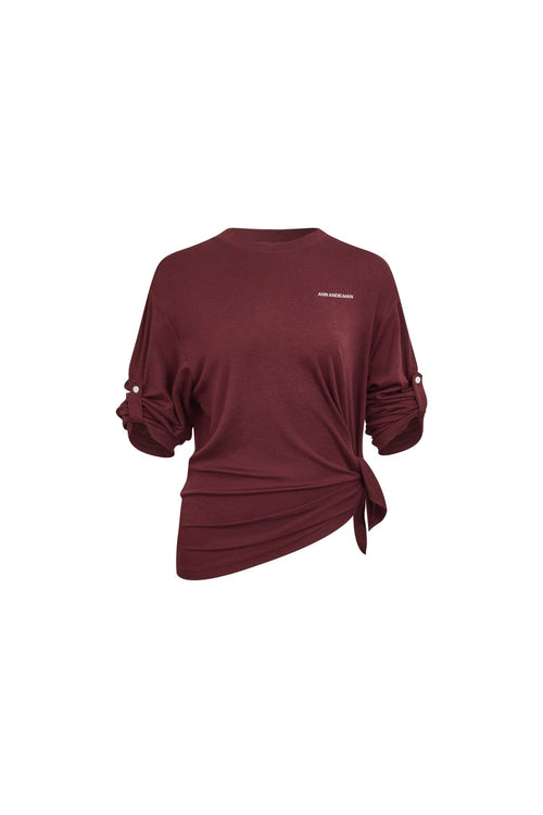 Burgundy Thin Knit T-shirt with Tufted Sleeves - ANN ANDELMAN