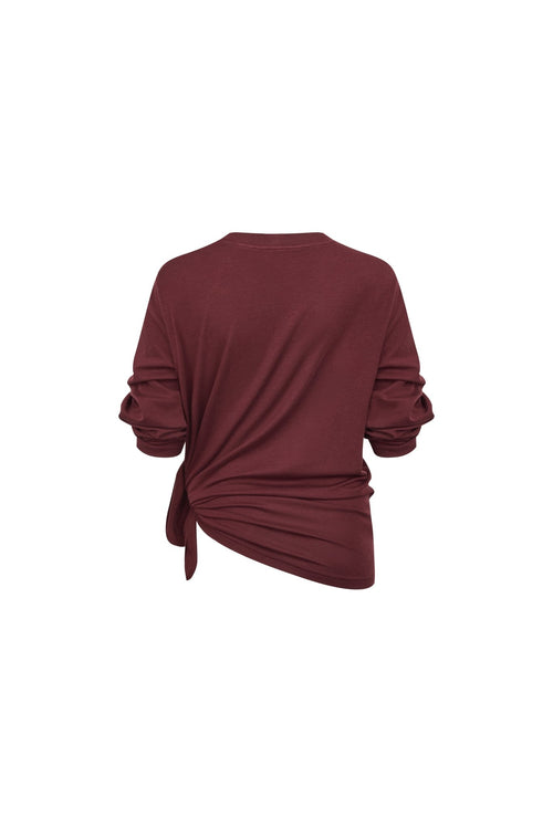 Burgundy Thin Knit T-shirt with Tufted Sleeves - ANN ANDELMAN