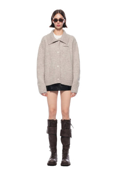 Camel - colored Large Collar Knit Cardigan - ANN ANDELMAN