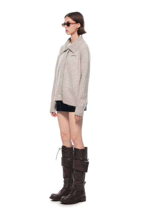 Camel - colored Large Collar Knit Cardigan - ANN ANDELMAN