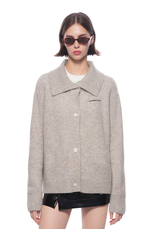 Camel - colored Large Collar Knit Cardigan - ANN ANDELMAN