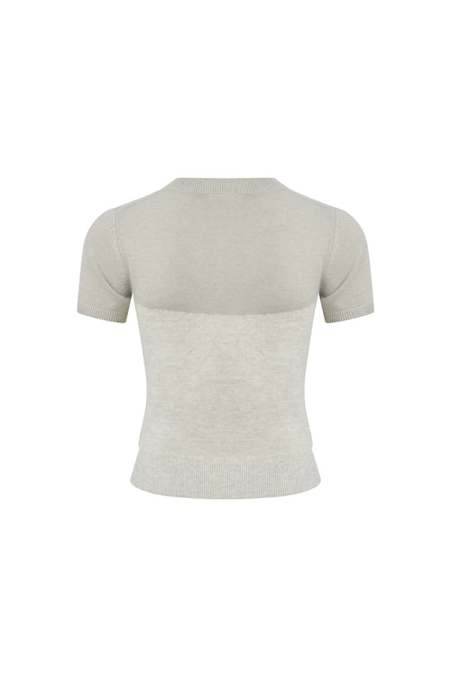 Camel - colored Patchwork Knit Short - sleeved Top - ANN ANDELMAN