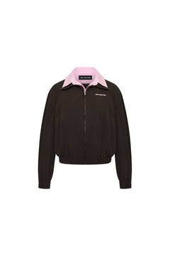 Coffee - colored Faux Two - piece Patchwork Shirt Collar Jacket - ANN ANDELMAN