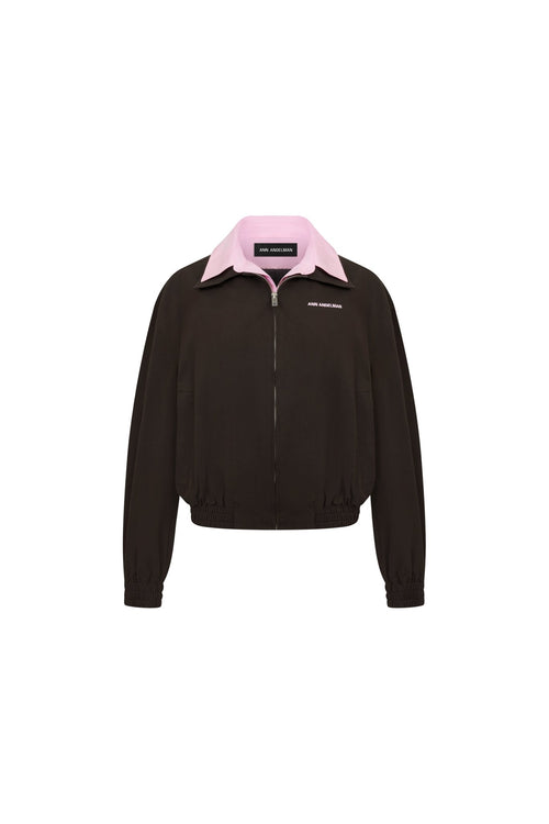 Coffee - colored Faux Two - piece Patchwork Shirt Collar Jacket - ANN ANDELMAN