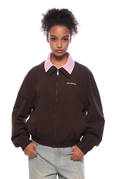 Coffee - colored Faux Two - piece Patchwork Shirt Collar Jacket - ANN ANDELMAN