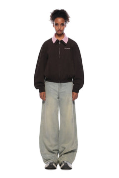 Coffee - colored Faux Two - piece Patchwork Shirt Collar Jacket - ANN ANDELMAN