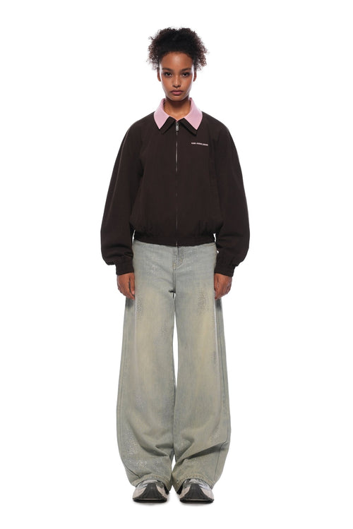 Coffee - colored Faux Two - piece Patchwork Shirt Collar Jacket - ANN ANDELMAN