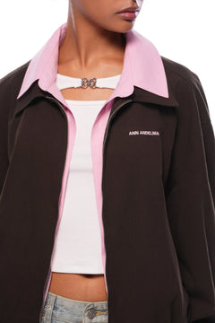 Coffee - colored Faux Two - piece Patchwork Shirt Collar Jacket - ANN ANDELMAN