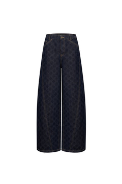 Dark Blue Full - color Laser - printed Denim Wide - leg Pants - ANN ANDELMAN