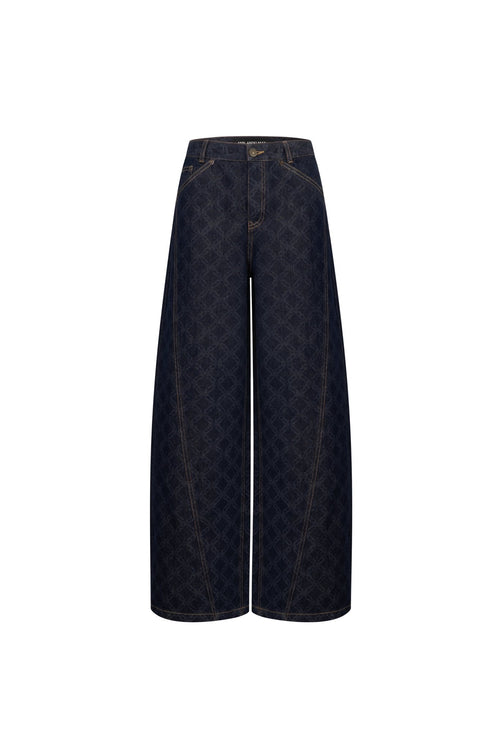 Dark Blue Full - color Laser - printed Denim Wide - leg Pants - ANN ANDELMAN