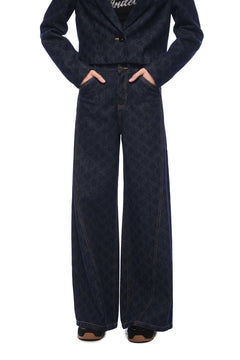 Dark Blue Full - color Laser - printed Denim Wide - leg Pants - ANN ANDELMAN