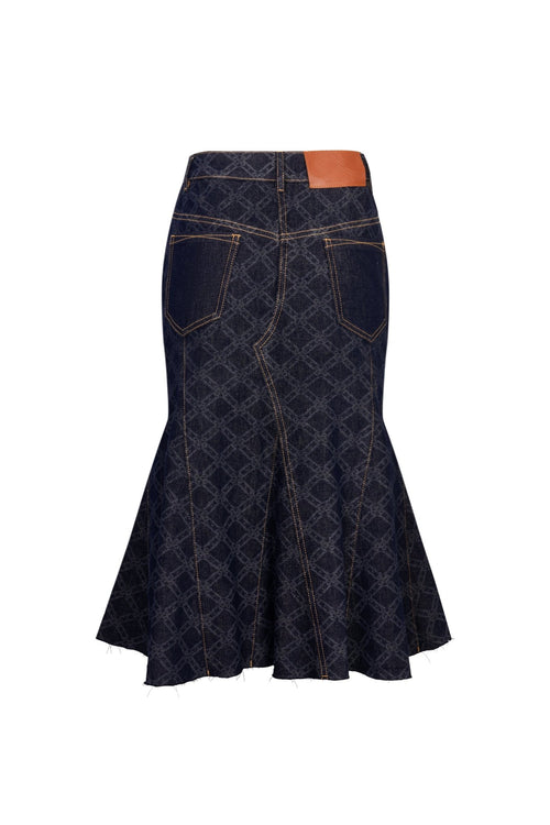 Dark Blue Laser - cut Denim Fishtail Skirt - ANN ANDELMAN