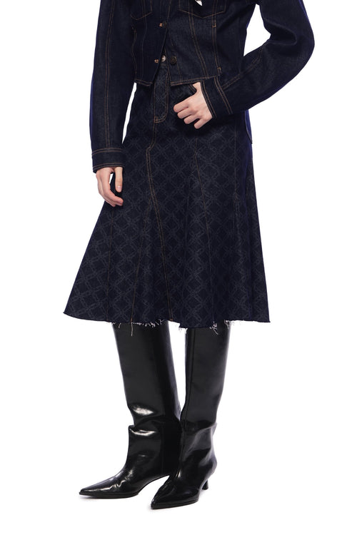 Dark Blue Laser - cut Denim Fishtail Skirt - ANN ANDELMAN