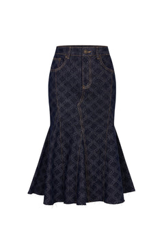 Dark Blue Laser - cut Denim Fishtail Skirt - ANN ANDELMAN