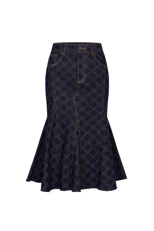 Dark Blue Laser - cut Denim Fishtail Skirt - ANN ANDELMAN