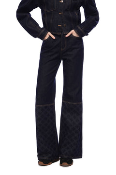 Dark Blue Raw Denim Laser - cut Patchwork Flared Jeans - ANN ANDELMAN