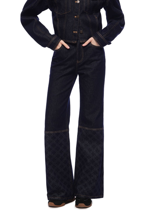 Dark Blue Raw Denim Laser - cut Patchwork Flared Jeans - ANN ANDELMAN