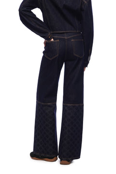 Dark Blue Raw Denim Laser - cut Patchwork Flared Jeans - ANN ANDELMAN