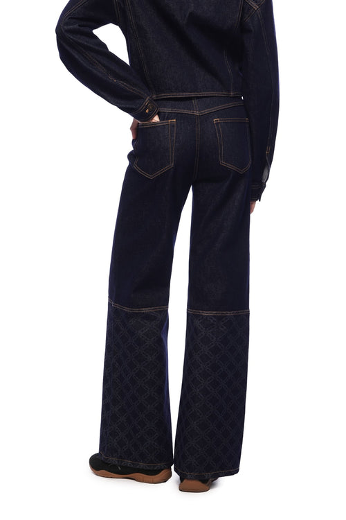 Dark Blue Raw Denim Laser - cut Patchwork Flared Jeans - ANN ANDELMAN