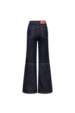 Dark Blue Raw Denim Laser - cut Patchwork Flared Jeans - ANN ANDELMAN