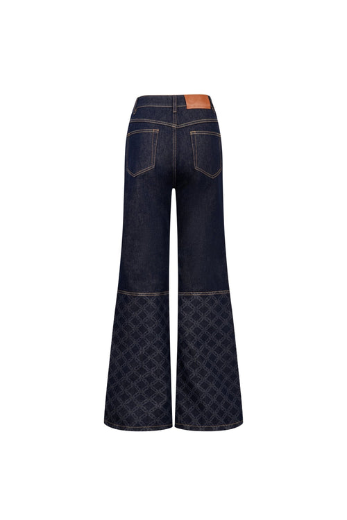 Dark Blue Raw Denim Laser - cut Patchwork Flared Jeans - ANN ANDELMAN