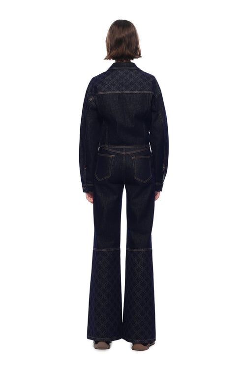 Dark Blue Raw Denim Laser - cut Patchwork Flared Jeans - ANN ANDELMAN
