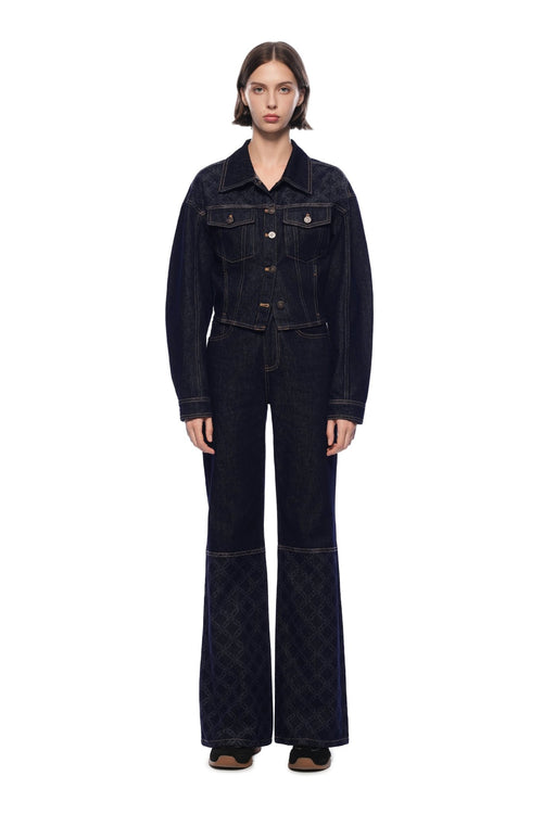 Dark Blue Raw Denim Laser - cut Patchwork Flared Jeans - ANN ANDELMAN