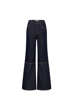 Dark Blue Raw Denim Laser - cut Patchwork Flared Jeans - ANN ANDELMAN