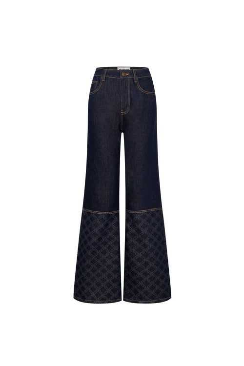 Dark Blue Raw Denim Laser - cut Patchwork Flared Jeans - ANN ANDELMAN