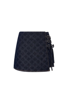 Dark Blue Raw Denim Skirt With Laser - cut Floral Pattern - ANN ANDELMAN