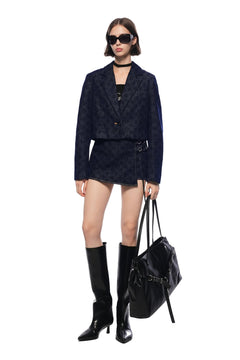 Dark Blue Raw Denim Skirt With Laser - cut Floral Pattern - ANN ANDELMAN