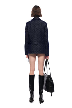 Dark Blue Raw Denim Skirt With Laser - cut Floral Pattern - ANN ANDELMAN