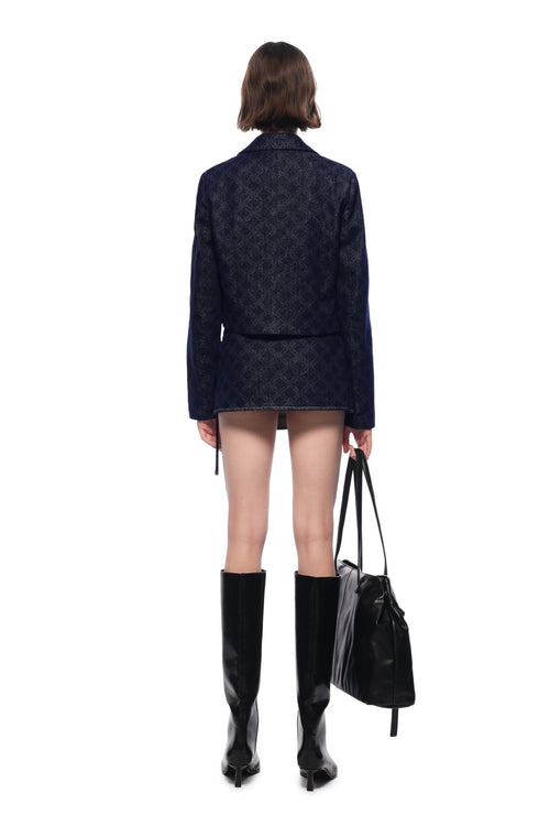 Dark Blue Raw Denim Skirt With Laser - cut Floral Pattern - ANN ANDELMAN