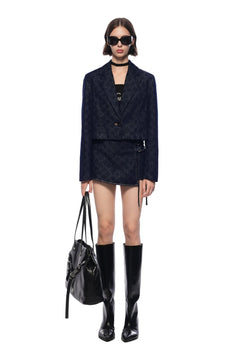 Dark Blue Raw Denim Skirt With Laser - cut Floral Pattern - ANN ANDELMAN