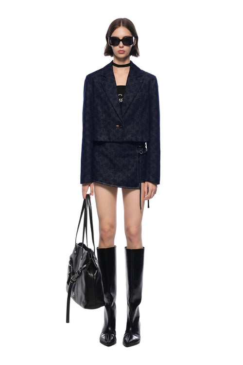 Dark Blue Raw Denim Skirt With Laser - cut Floral Pattern - ANN ANDELMAN