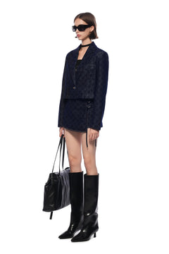 Dark Blue Raw Denim Skirt With Laser - cut Floral Pattern - ANN ANDELMAN