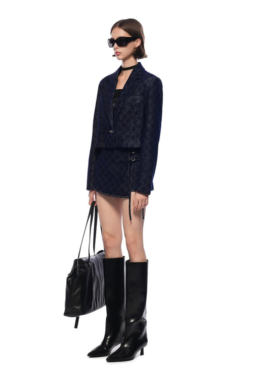 Dark Blue Raw Denim Skirt With Laser - cut Floral Pattern - ANN ANDELMAN