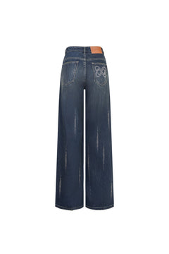 Dark Blue Rhinestone High - waisted Retro Jeans - ANN ANDELMAN