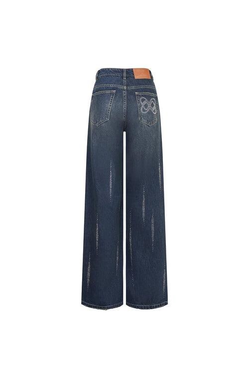 Dark Blue Rhinestone High - waisted Retro Jeans - ANN ANDELMAN