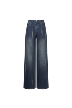 Dark Blue Rhinestone High - waisted Retro Jeans - ANN ANDELMAN