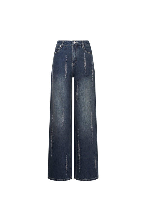 Dark Blue Rhinestone High - waisted Retro Jeans - ANN ANDELMAN