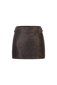 Dark Brown Retro Double - belted Bodycon Leather Skirt - ANN ANDELMAN