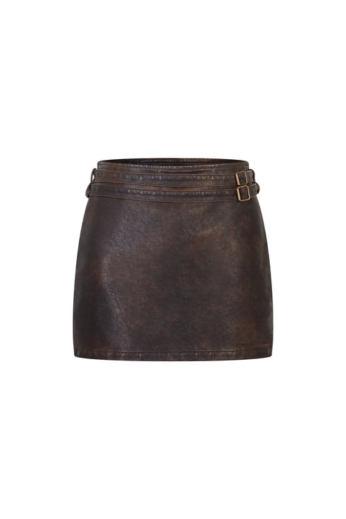 Dark Brown Retro Double - belted Bodycon Leather Skirt - ANN ANDELMAN