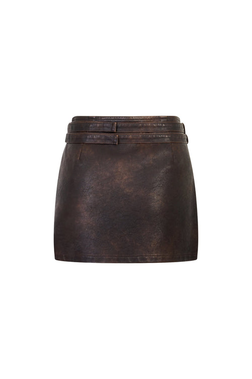 Dark Brown Retro Double - belted Bodycon Leather Skirt - ANN ANDELMAN