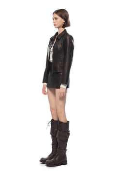 Dark Brown Retro Double - belted Bodycon Leather Skirt - ANN ANDELMAN