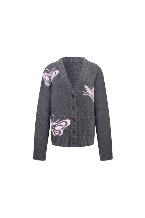 Dark Gray Butterfly Jacquard V - neck Cardigan - ANN ANDELMAN