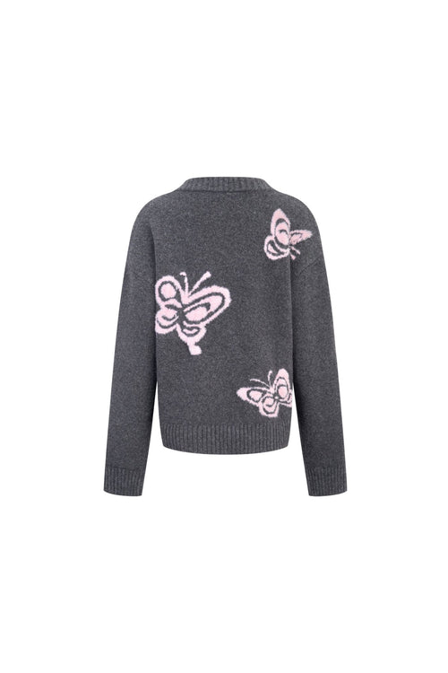 Dark Gray Butterfly Jacquard V - neck Cardigan - ANN ANDELMAN