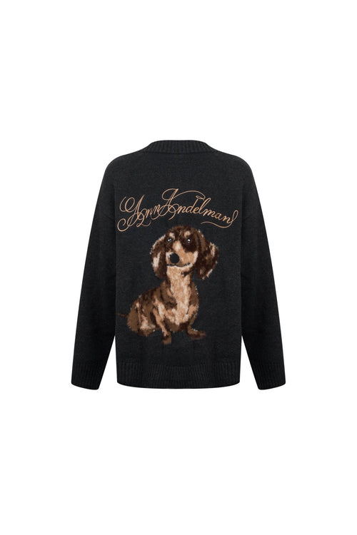 Dark Gray Dachshund Jacquard Knit Cardigan - ANN ANDELMAN
