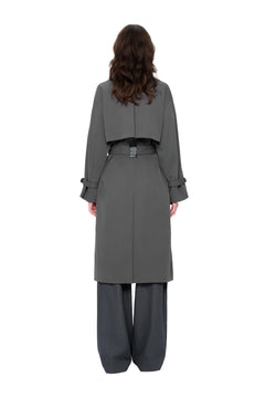 Dark Gray Long Double-breasted Trench Coat with Lapel - ANN ANDELMAN